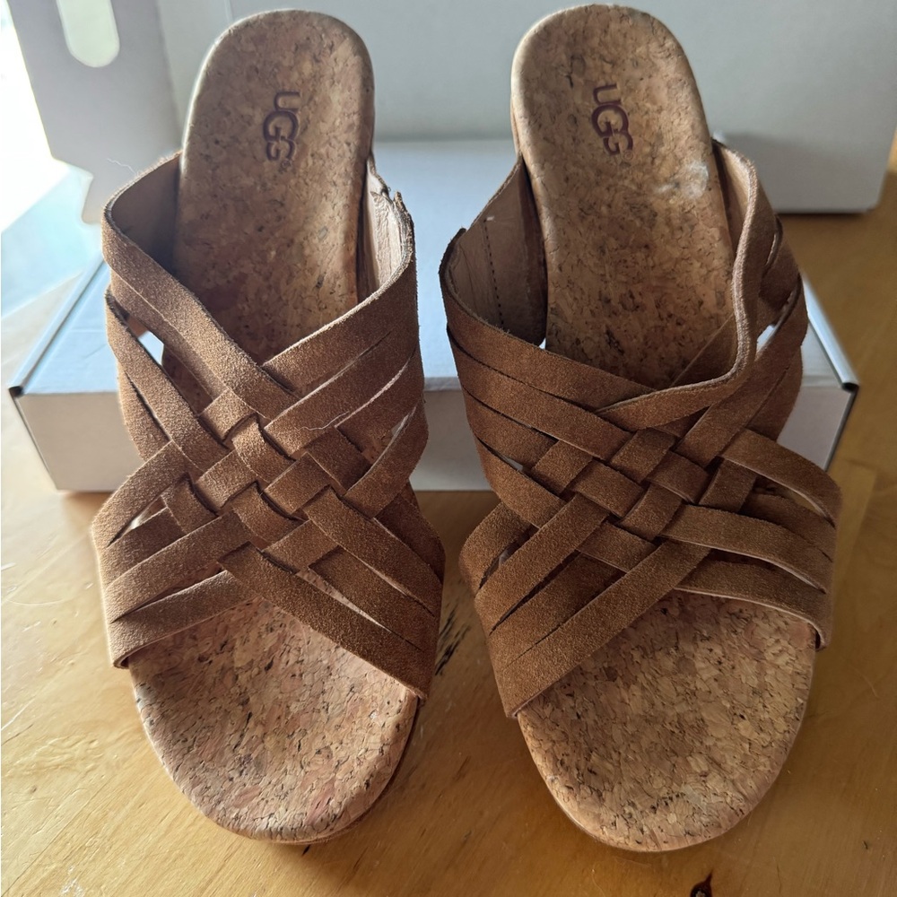 UGG Women's Tan Suede & Cork Woven Mules